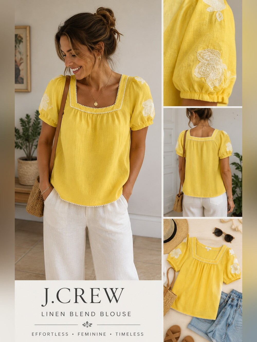 J.Crew Yellow Linen Embroidered Puff Sleeve Blouse XS